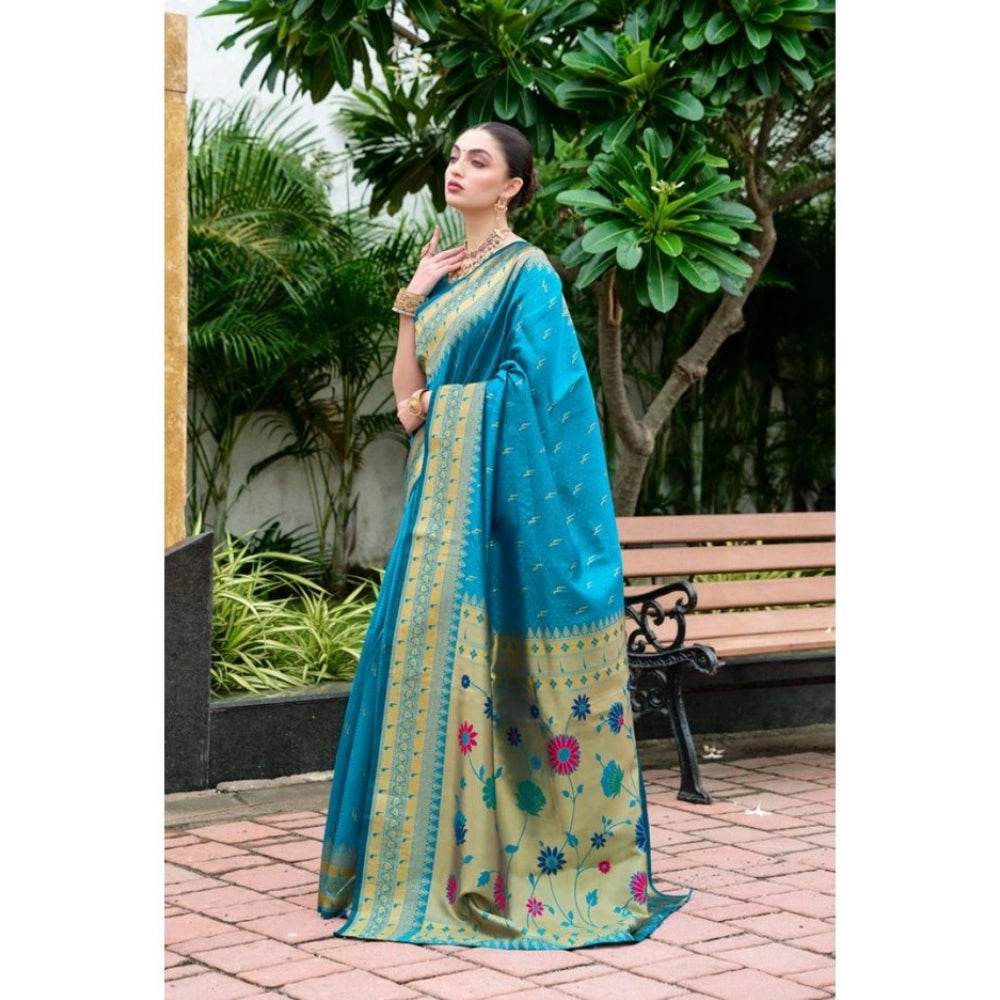 Generic Women's Silk Blend Paithani Weaving Saree With Unstitched Blouse 5.5Mtr (Aqua) - MYLUXURY LANE ENTERPRISE