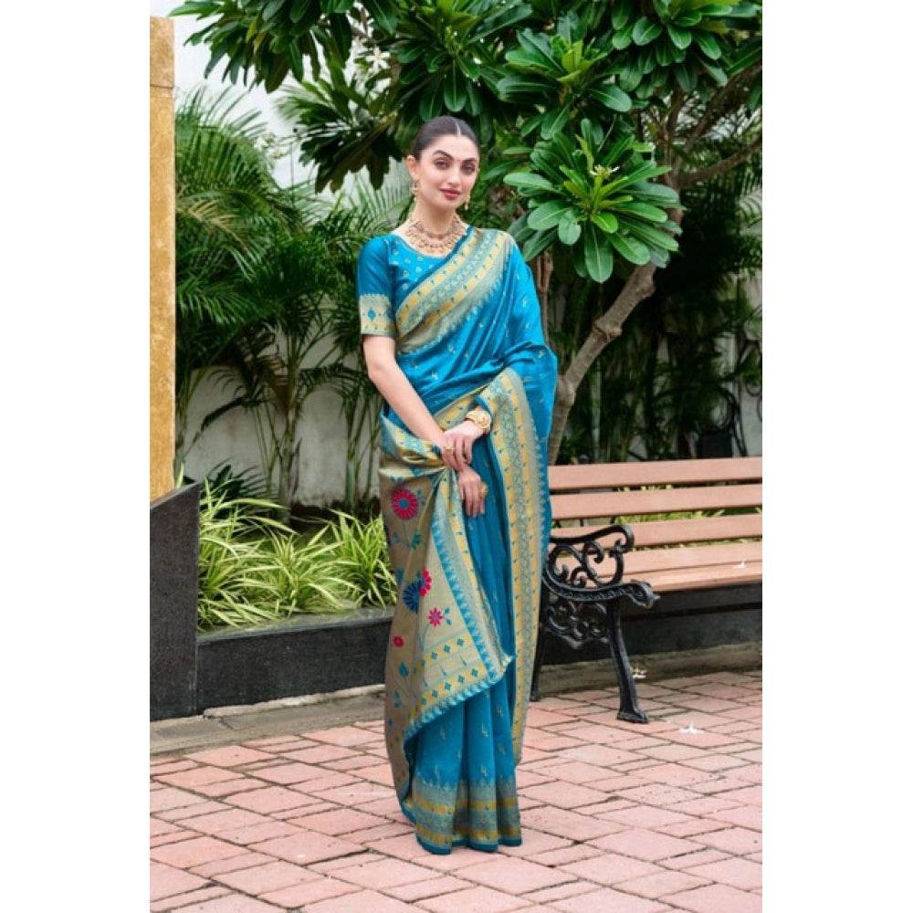 Generic Women's Silk Blend Paithani Weaving Saree With Unstitched Blouse 5.5Mtr (Aqua) - MYLUXURY LANE ENTERPRISE