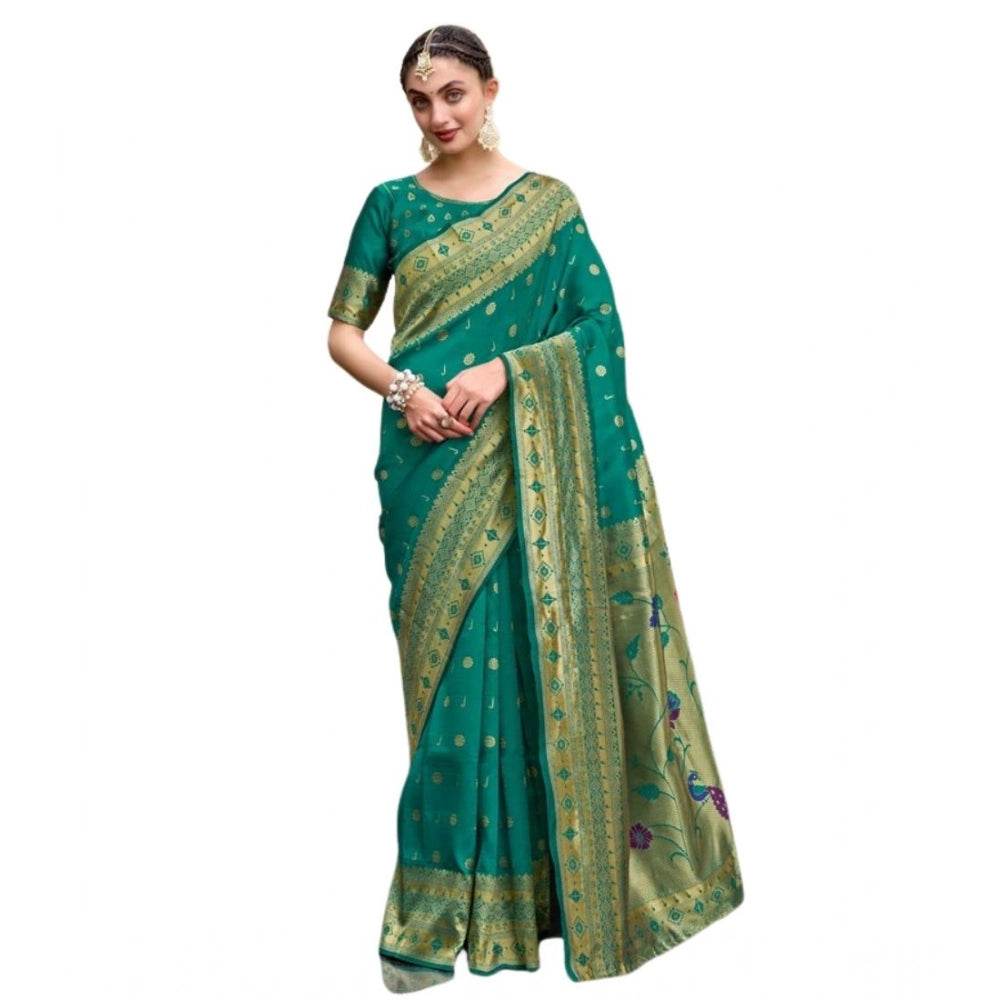 Generic Women's Silk Blend Paithani Weaving Saree With Unstitched Blouse 5.5Mtr (Green) - MYLUXURY LANE ENTERPRISE