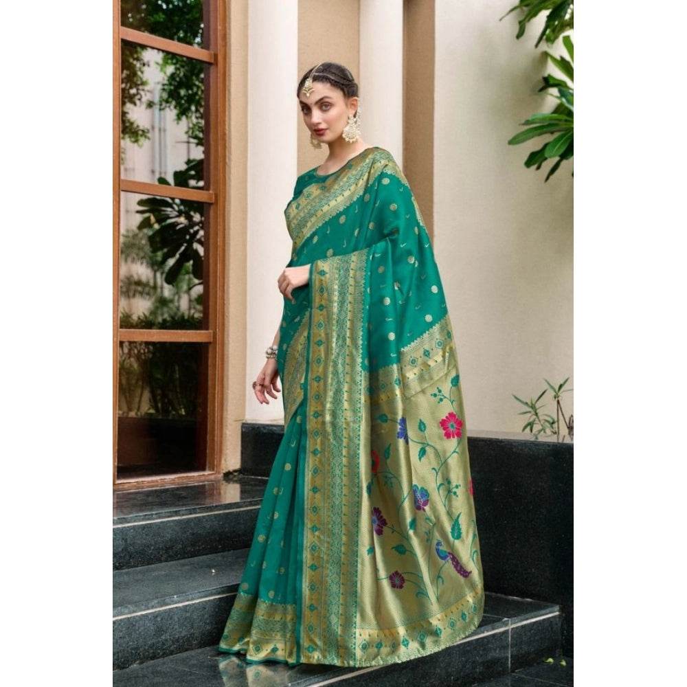 Generic Women's Silk Blend Paithani Weaving Saree With Unstitched Blouse 5.5Mtr (Green) - MYLUXURY LANE ENTERPRISE
