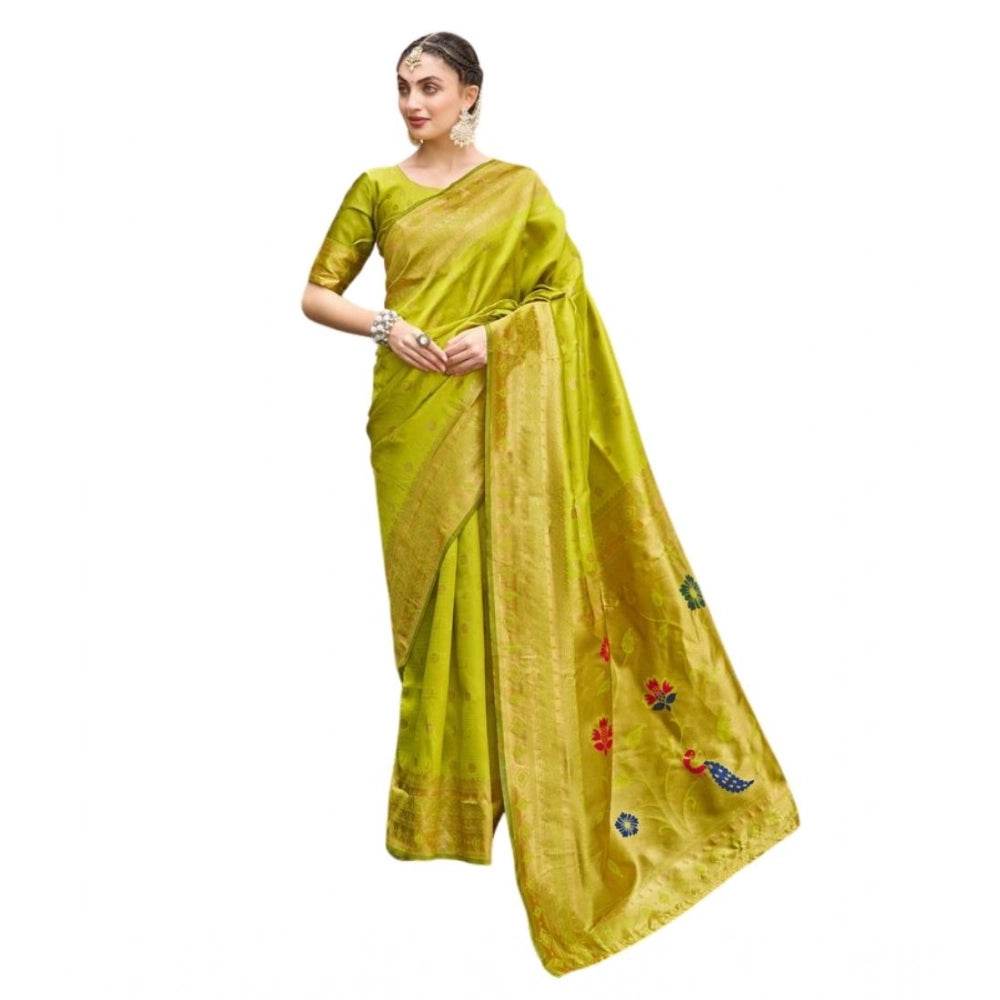 Generic Women's Silk Blend Paithani Weaving Saree With Unstitched Blouse 5.5Mtr (Lime Green) - MYLUXURY LANE ENTERPRISE