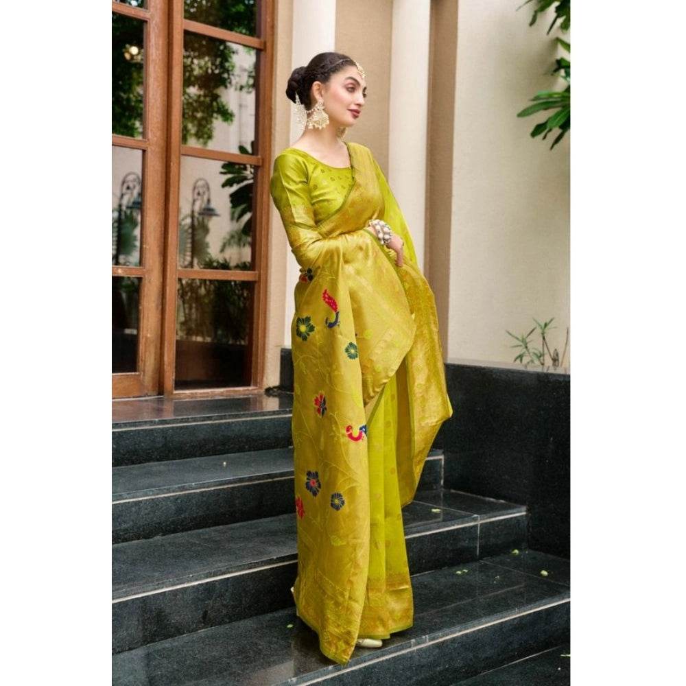 Generic Women's Silk Blend Paithani Weaving Saree With Unstitched Blouse 5.5Mtr (Lime Green) - MYLUXURY LANE ENTERPRISE