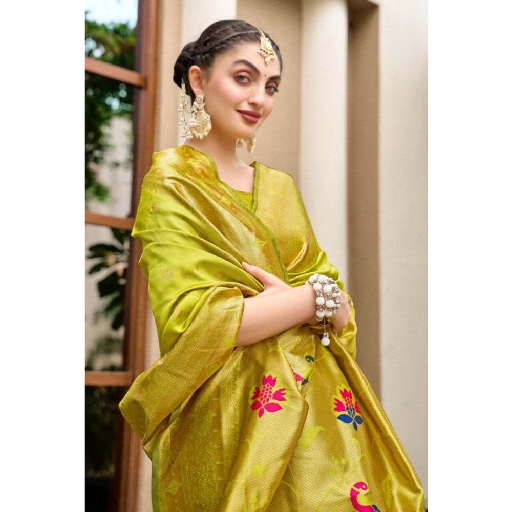 Generic Women's Silk Blend Paithani Weaving Saree With Unstitched Blouse 5.5Mtr (Lime Green) - MYLUXURY LANE ENTERPRISE