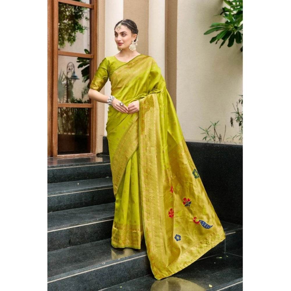 Generic Women's Silk Blend Paithani Weaving Saree With Unstitched Blouse 5.5Mtr (Lime Green) - MYLUXURY LANE ENTERPRISE