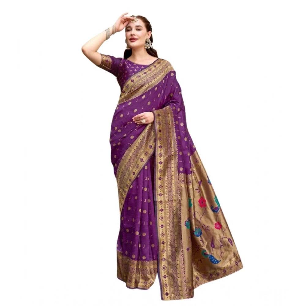 Generic Women's Silk Blend Paithani Weaving Saree With Unstitched Blouse 5.5Mtr (Purple) - MYLUXURY LANE ENTERPRISE