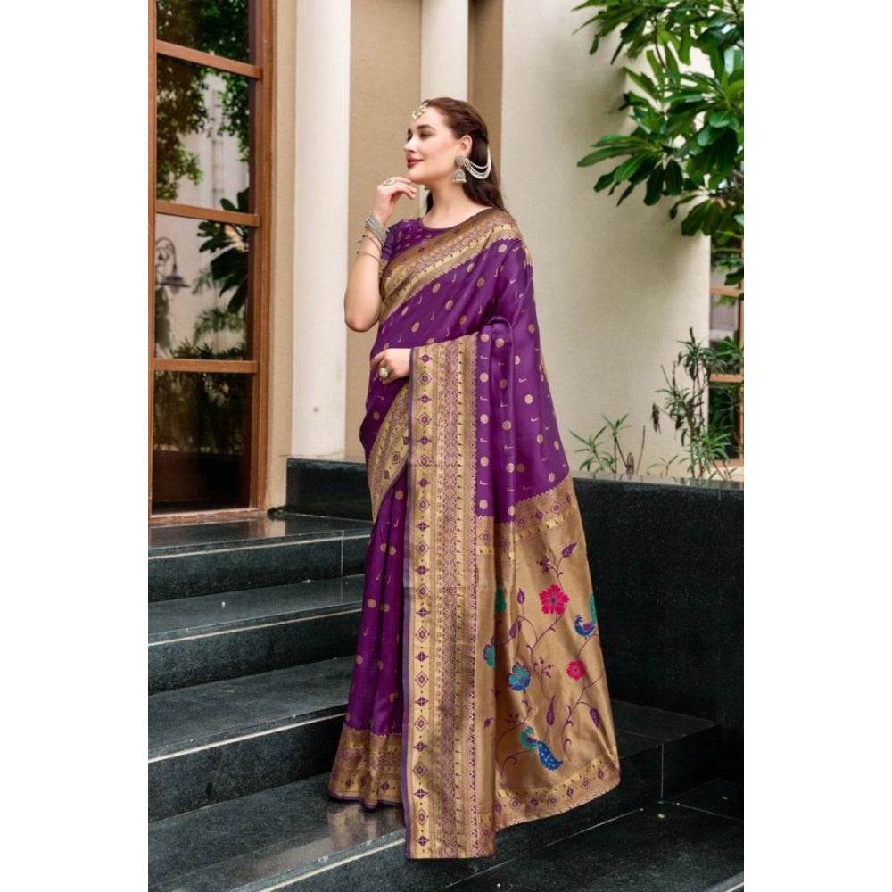 Generic Women's Silk Blend Paithani Weaving Saree With Unstitched Blouse 5.5Mtr (Purple) - MYLUXURY LANE ENTERPRISE