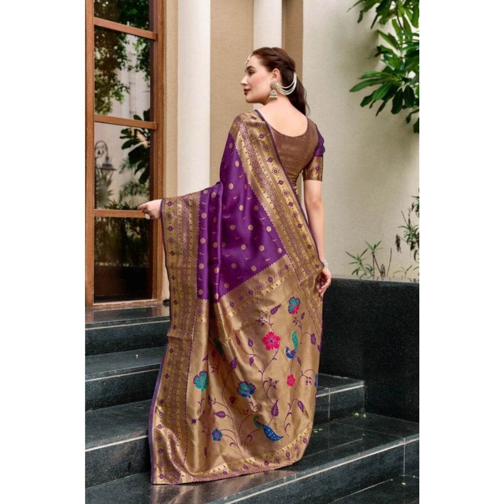 Generic Women's Silk Blend Paithani Weaving Saree With Unstitched Blouse 5.5Mtr (Purple) - MYLUXURY LANE ENTERPRISE