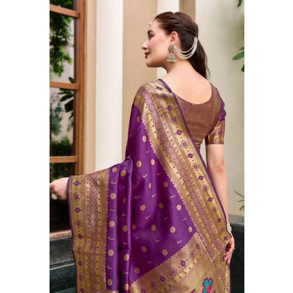Generic Women's Silk Blend Paithani Weaving Saree With Unstitched Blouse 5.5Mtr (Purple) - MYLUXURY LANE ENTERPRISE