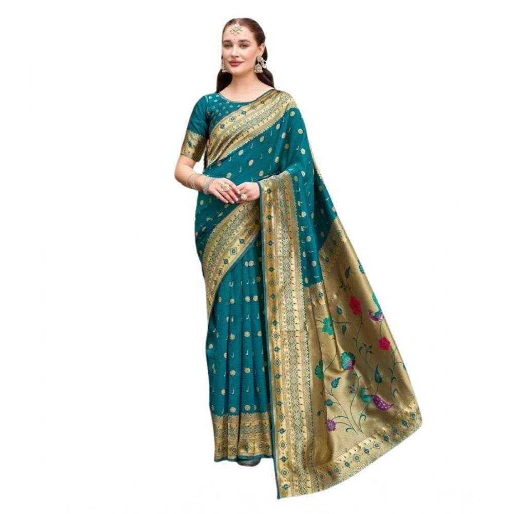 Generic Women's Silk Blend Paithani Weaving Saree With Unstitched Blouse 5.5Mtr (Rama) - MYLUXURY LANE ENTERPRISE