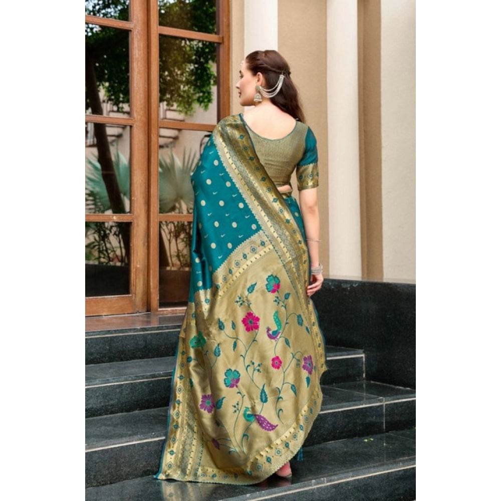 Generic Women's Silk Blend Paithani Weaving Saree With Unstitched Blouse 5.5Mtr (Rama) - MYLUXURY LANE ENTERPRISE