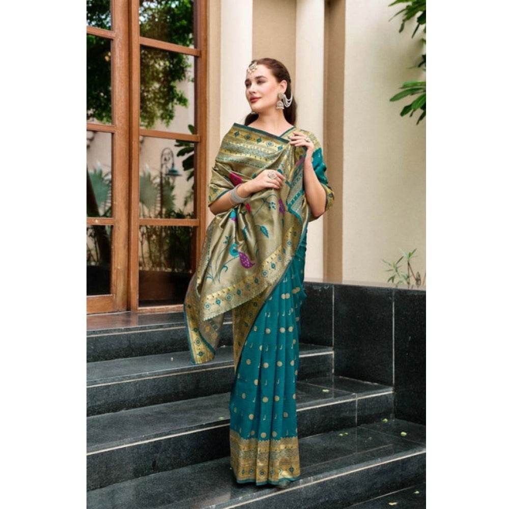 Generic Women's Silk Blend Paithani Weaving Saree With Unstitched Blouse 5.5Mtr (Rama) - MYLUXURY LANE ENTERPRISE
