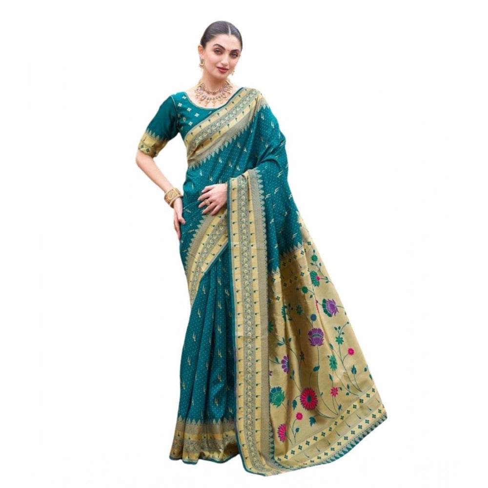 Generic Women's Silk Blend Paithani Weaving Saree With Unstitched Blouse 5.5Mtr (Teal) - MYLUXURY LANE ENTERPRISE