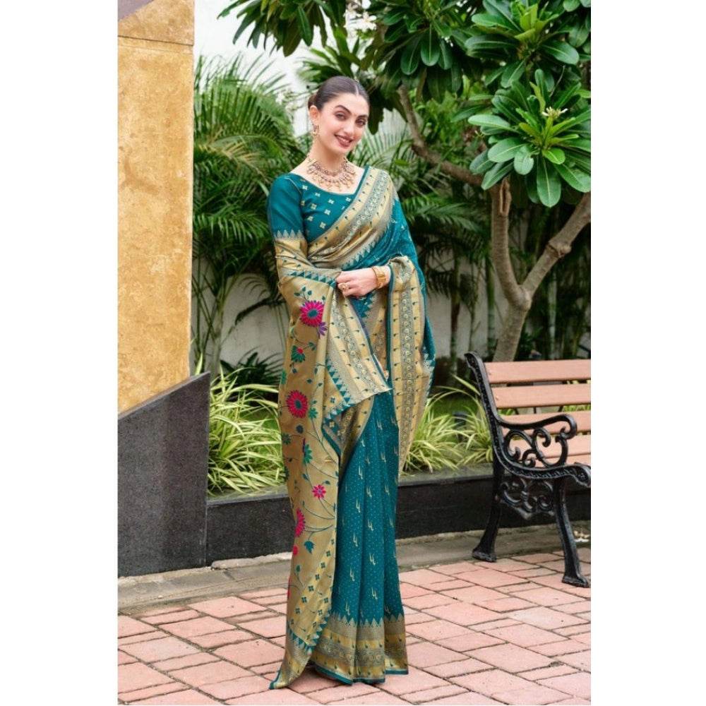 Generic Women's Silk Blend Paithani Weaving Saree With Unstitched Blouse 5.5Mtr (Teal) - MYLUXURY LANE ENTERPRISE