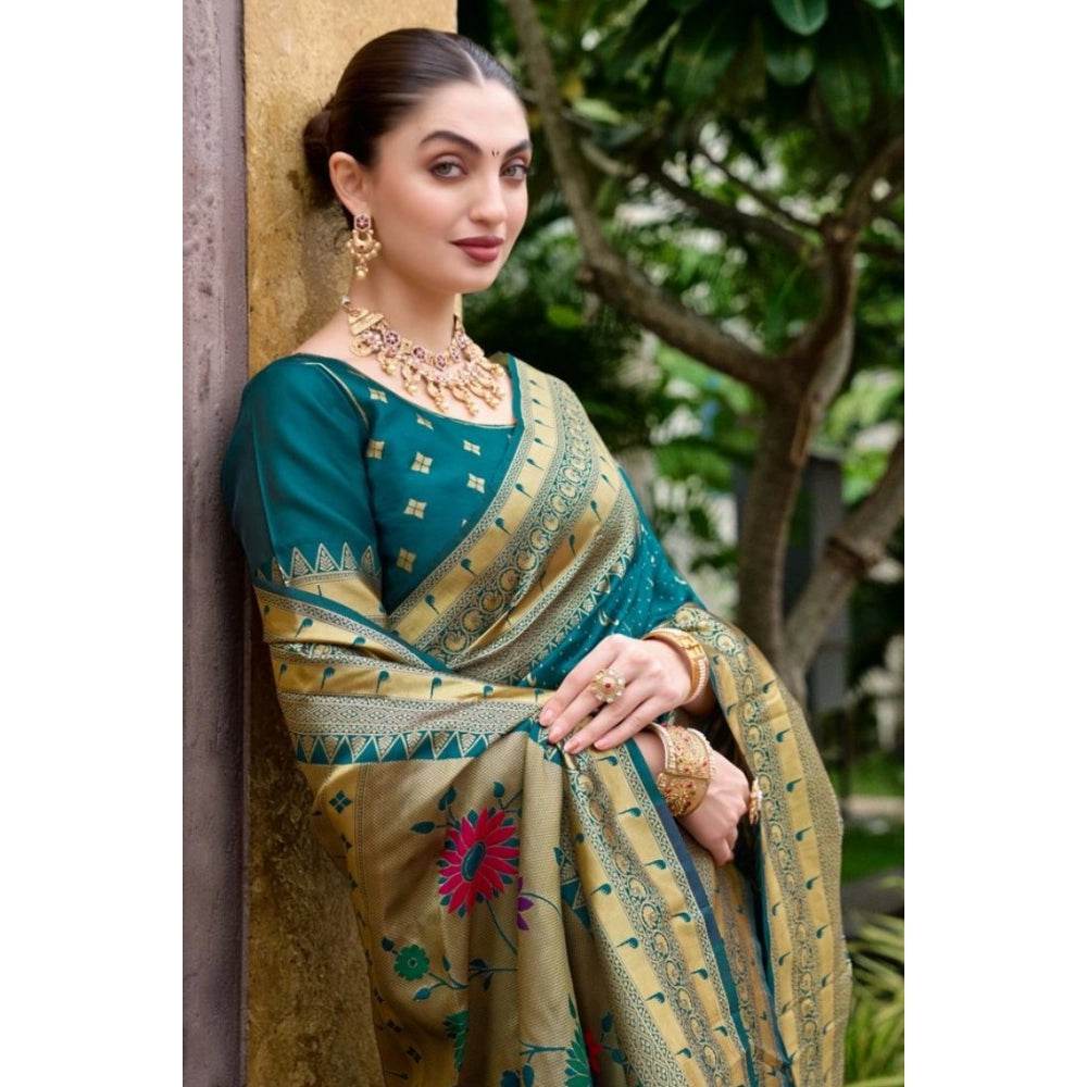 Generic Women's Silk Blend Paithani Weaving Saree With Unstitched Blouse 5.5Mtr (Teal) - MYLUXURY LANE ENTERPRISE