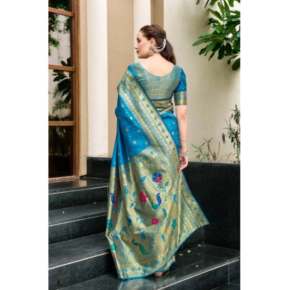 Generic Women's Silk Blend Paithani Weaving Saree With Unstitched Blouse 5.5Mtr (Turquoise) - MYLUXURY LANE ENTERPRISE