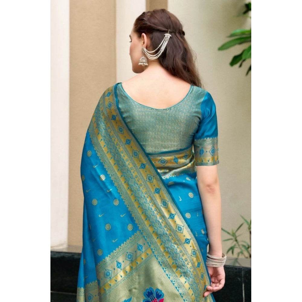Generic Women's Silk Blend Paithani Weaving Saree With Unstitched Blouse 5.5Mtr (Turquoise) - MYLUXURY LANE ENTERPRISE