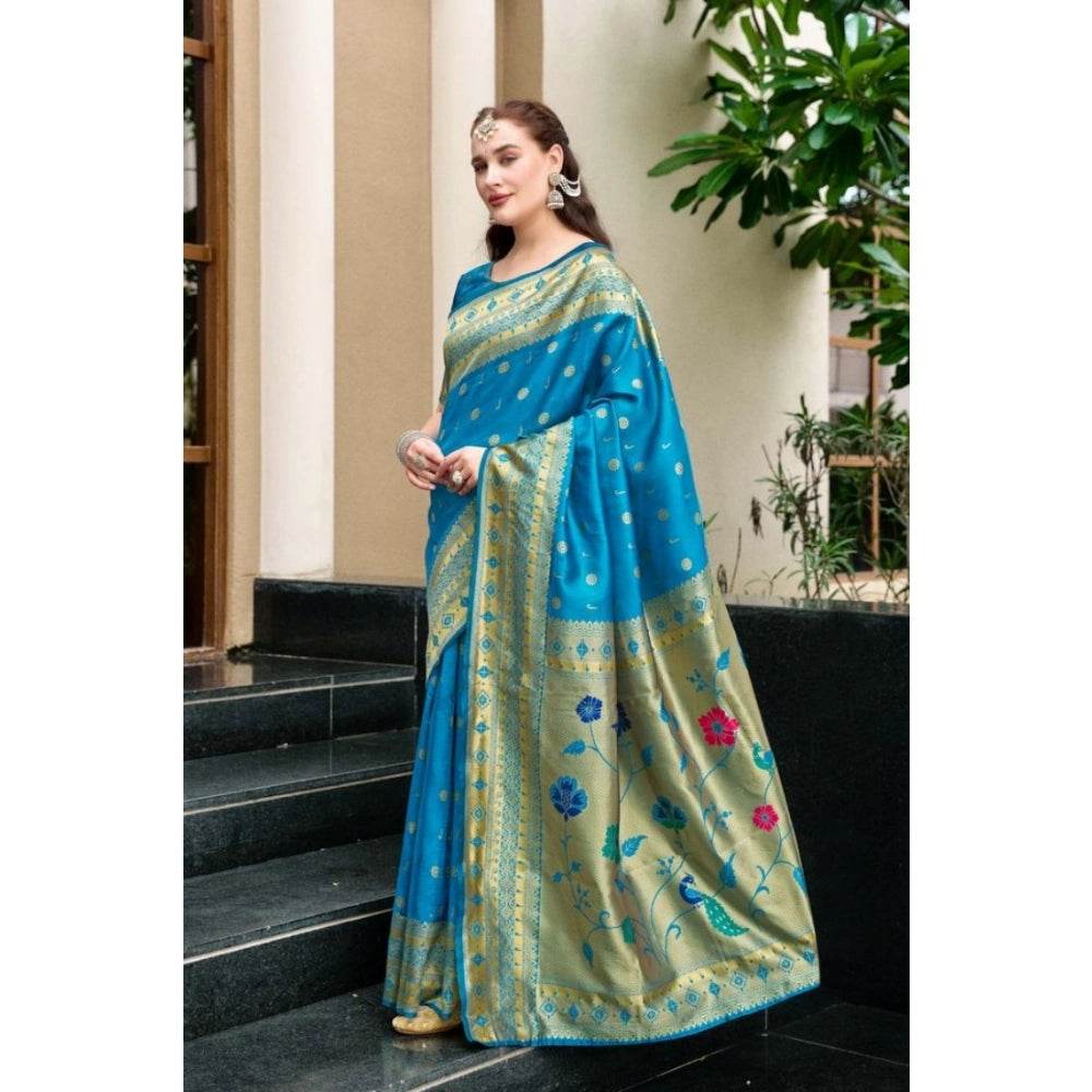 Generic Women's Silk Blend Paithani Weaving Saree With Unstitched Blouse 5.5Mtr (Turquoise) - MYLUXURY LANE ENTERPRISE