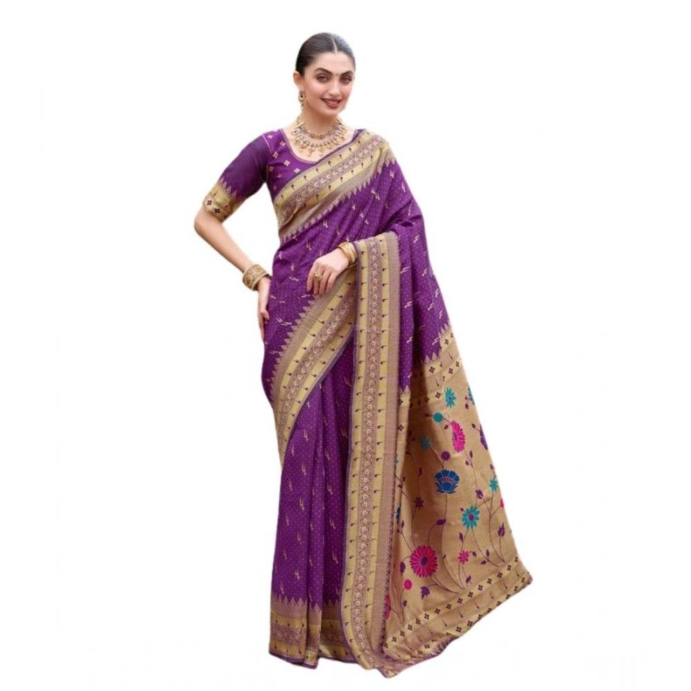 Generic Women's Silk Blend Zari Woven Saree With Unstitched Blouse 5.5Mtr (Purple) - MYLUXURY LANE ENTERPRISE