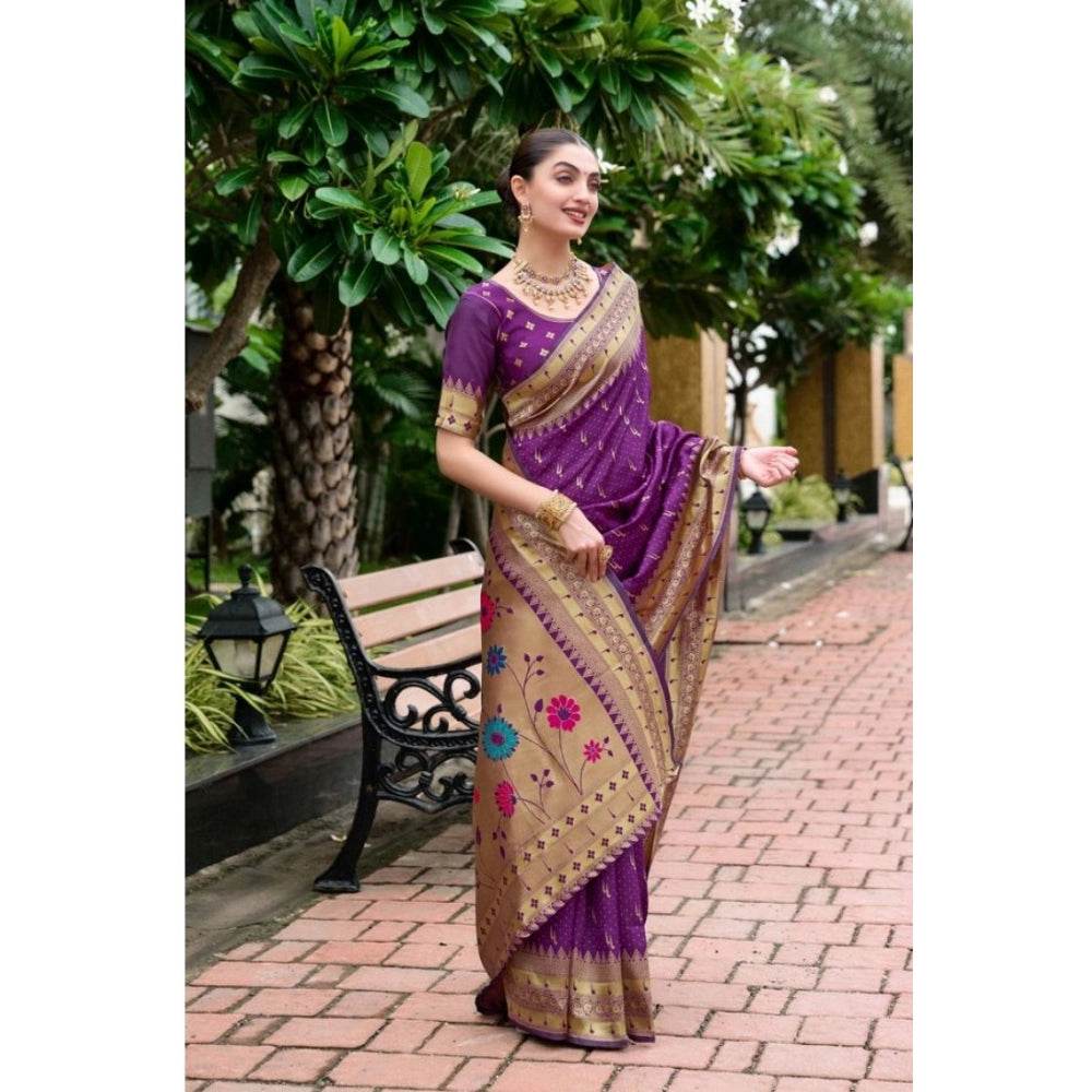 Generic Women's Silk Blend Zari Woven Saree With Unstitched Blouse 5.5Mtr (Purple) - MYLUXURY LANE ENTERPRISE