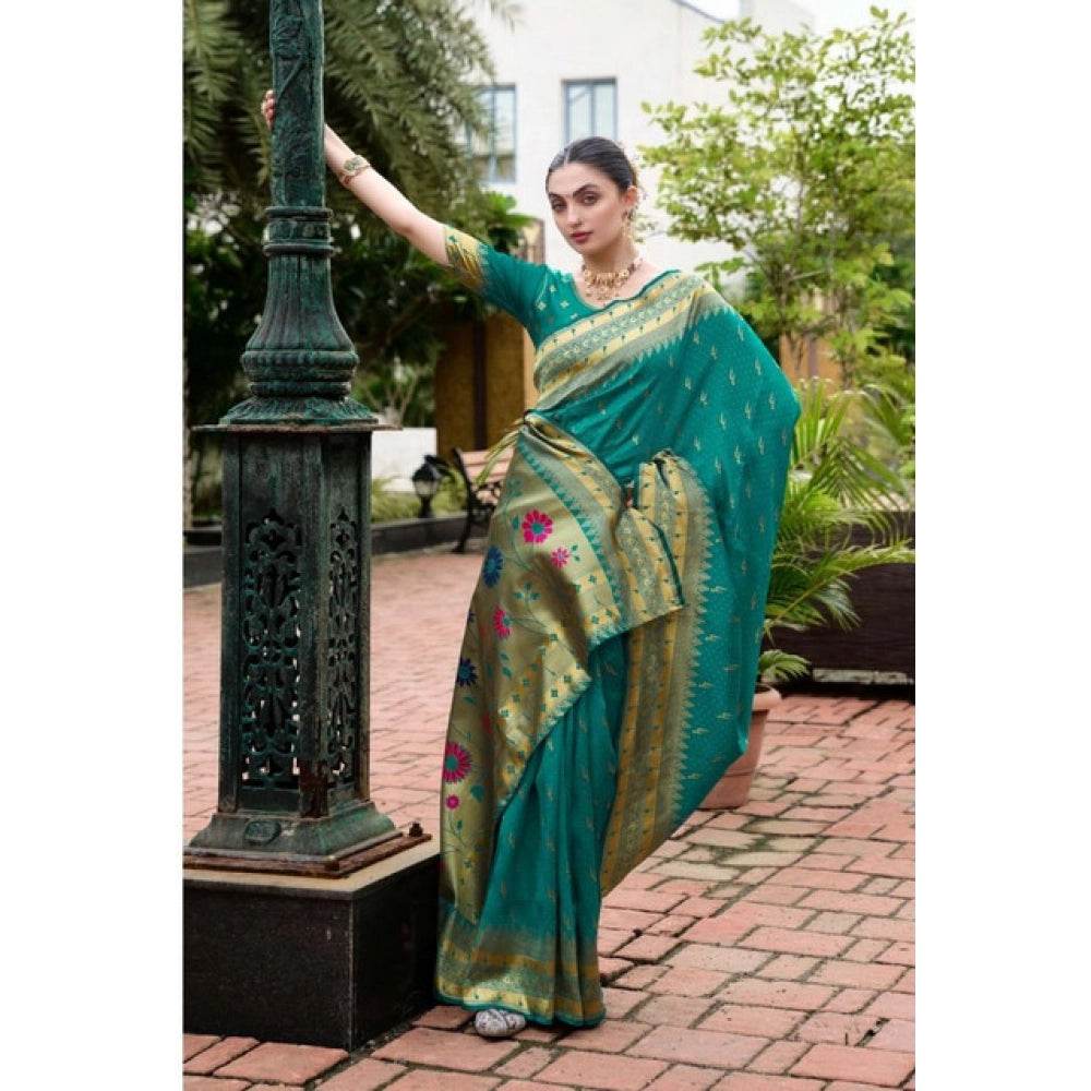 Generic Women's Silk Blend Zari Woven Saree With Unstitched Blouse 5.5Mtr (Teal) - MYLUXURY LANE ENTERPRISE