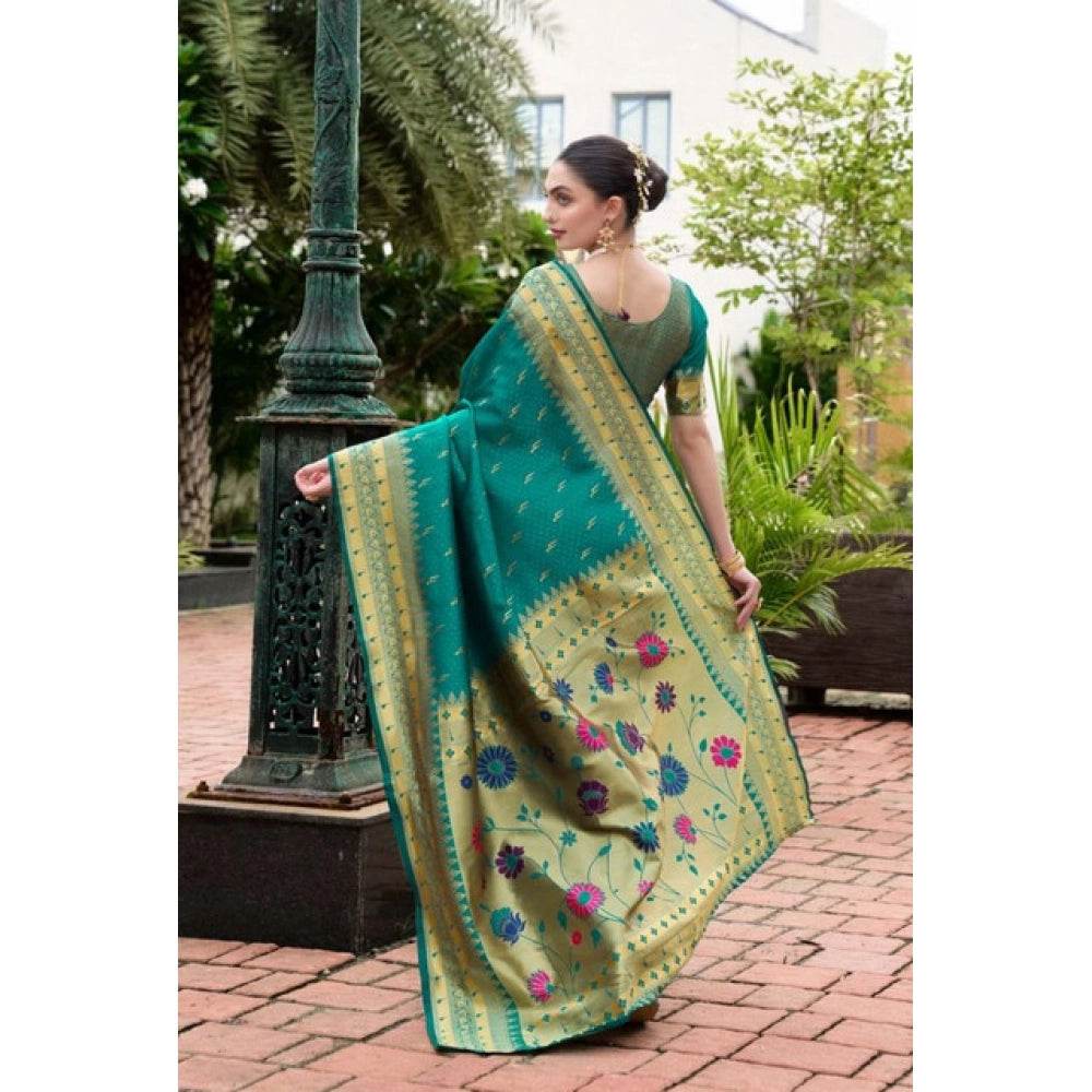 Generic Women's Silk Blend Zari Woven Saree With Unstitched Blouse 5.5Mtr (Teal) - MYLUXURY LANE ENTERPRISE