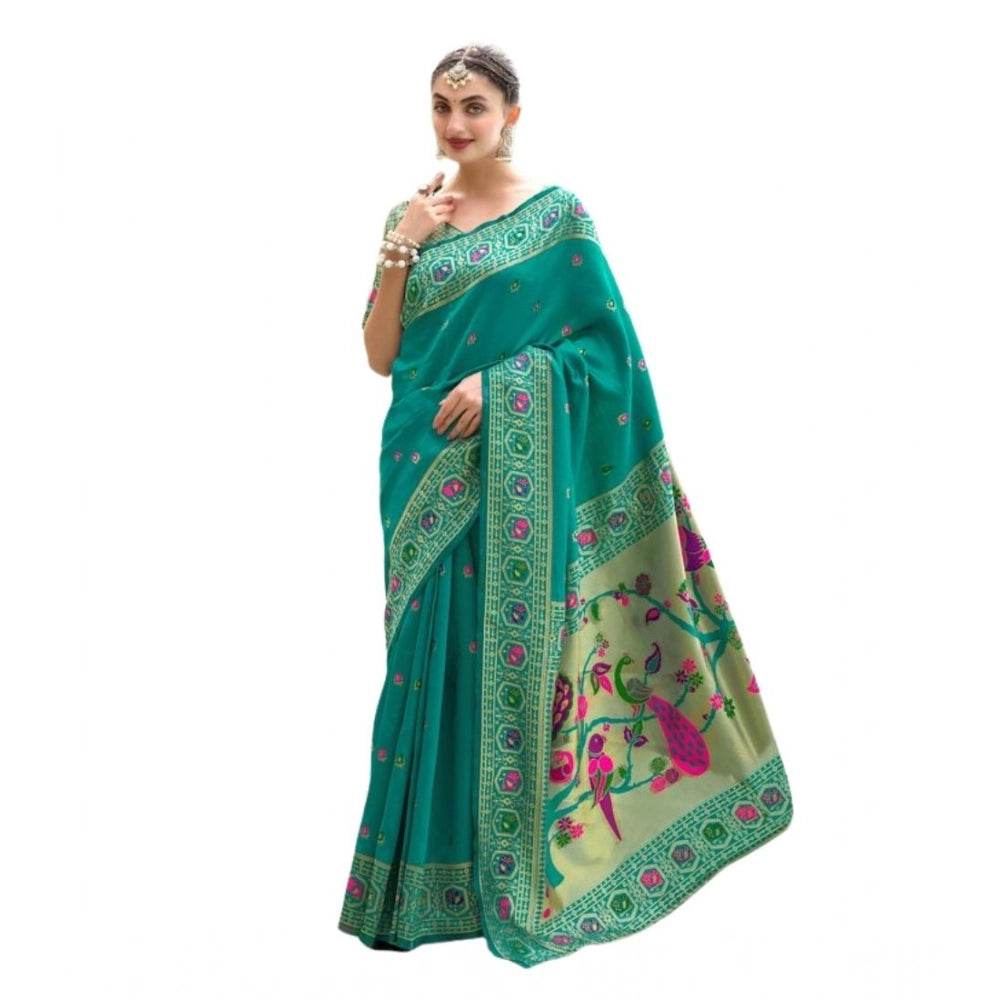 Generic Women's Silk Blend Paithani Weaving Saree With Unstitched Blouse 5.5Mtr (Green) - MYLUXURY LANE ENTERPRISE
