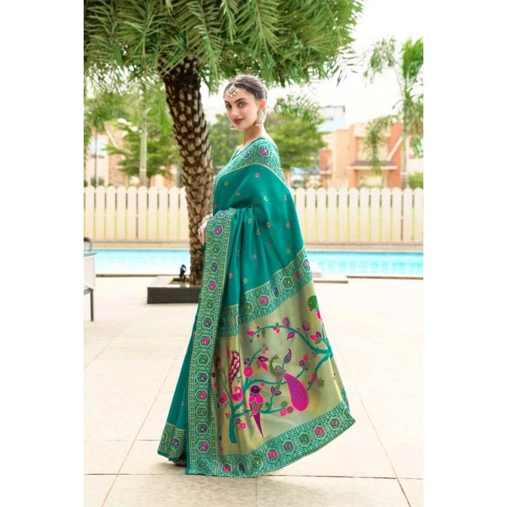 Generic Women's Silk Blend Paithani Weaving Saree With Unstitched Blouse 5.5Mtr (Green) - MYLUXURY LANE ENTERPRISE