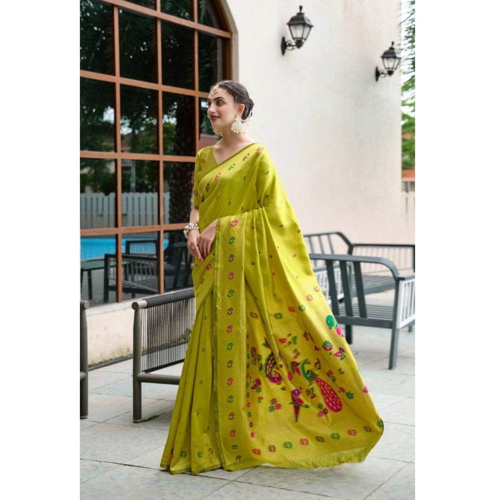 Generic Women's Silk Blend Paithani Weaving Saree With Unstitched Blouse 5.5Mtr (Lime-Green) - MYLUXURY LANE ENTERPRISE