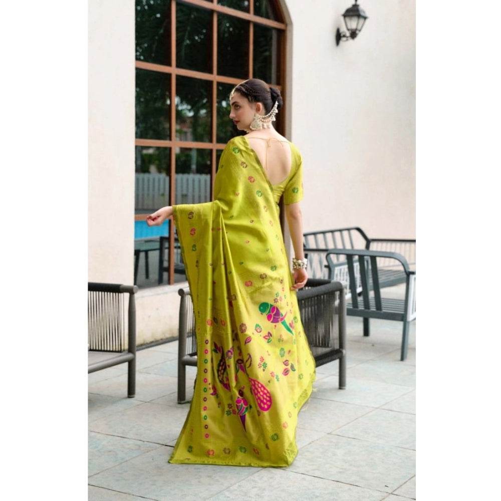 Generic Women's Silk Blend Paithani Weaving Saree With Unstitched Blouse 5.5Mtr (Lime-Green) - MYLUXURY LANE ENTERPRISE