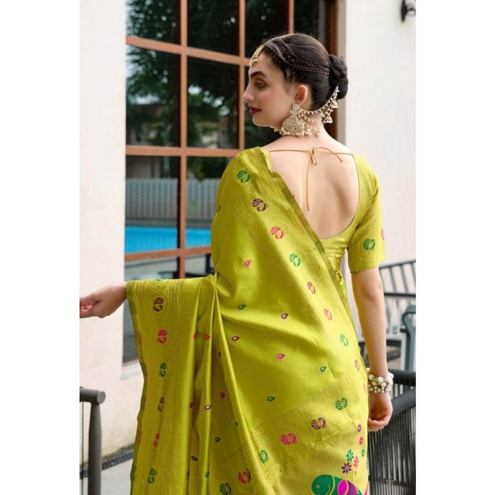 Generic Women's Silk Blend Paithani Weaving Saree With Unstitched Blouse 5.5Mtr (Lime-Green) - MYLUXURY LANE ENTERPRISE