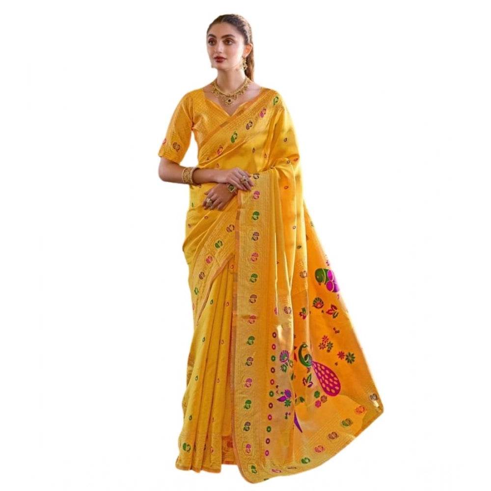 Generic Women's Silk Blend Paithani Weaving Saree With Unstitched Blouse 5.5Mtr (Mustard) - MYLUXURY LANE ENTERPRISE