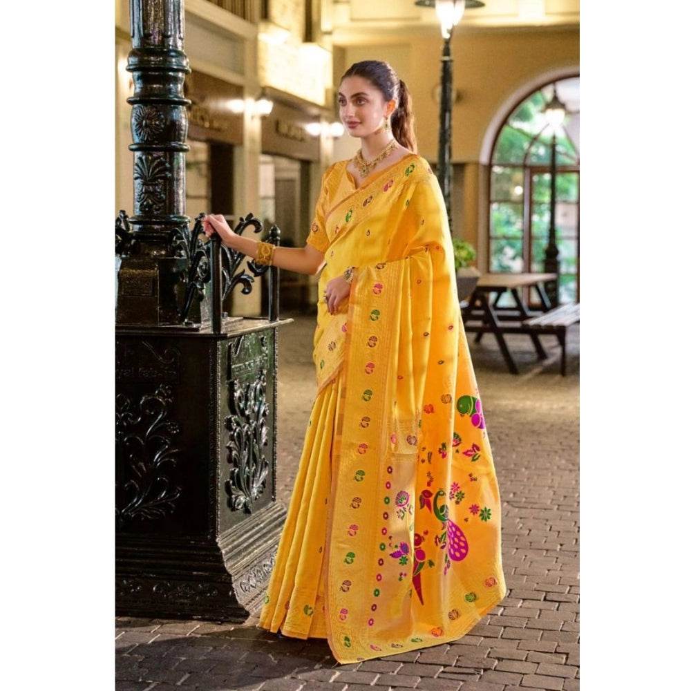 Generic Women's Silk Blend Paithani Weaving Saree With Unstitched Blouse 5.5Mtr (Mustard) - MYLUXURY LANE ENTERPRISE