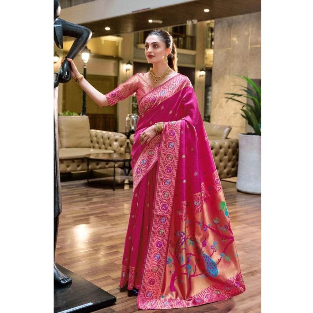 Generic Women's Silk Blend Paithani Weaving Saree With Unstitched Blouse 5.5Mtr (Pink) - MYLUXURY LANE ENTERPRISE