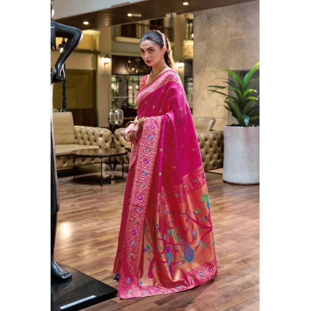 Generic Women's Silk Blend Paithani Weaving Saree With Unstitched Blouse 5.5Mtr (Pink) - MYLUXURY LANE ENTERPRISE