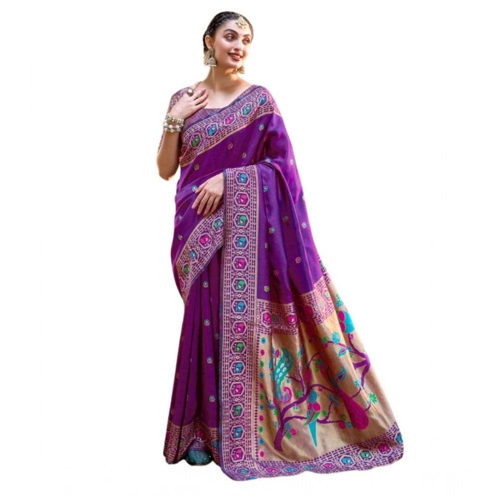 Generic Women's Silk Blend Paithani Weaving Saree With Unstitched Blouse 5.5Mtr (Purple) - MYLUXURY LANE ENTERPRISE