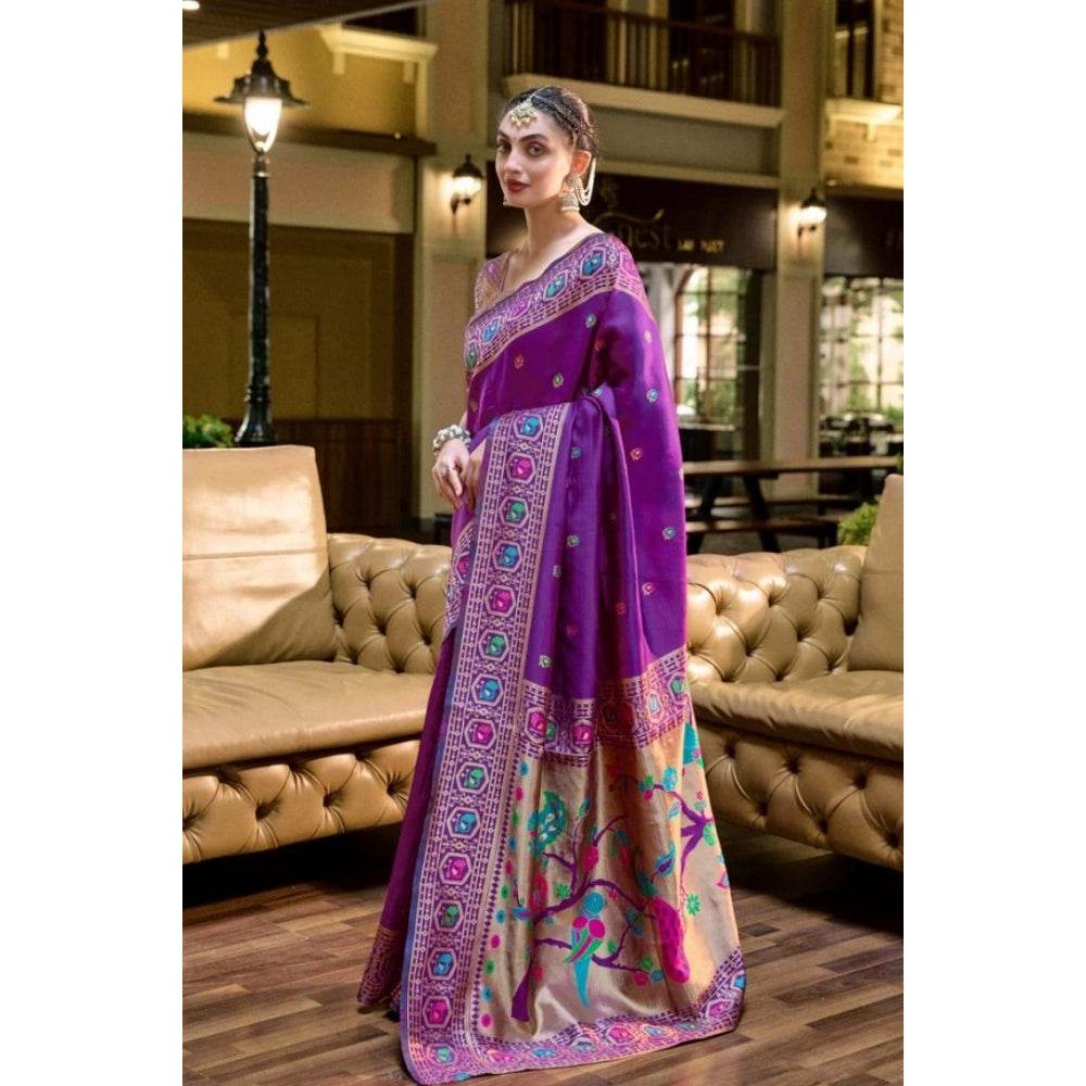 Generic Women's Silk Blend Paithani Weaving Saree With Unstitched Blouse 5.5Mtr (Purple) - MYLUXURY LANE ENTERPRISE