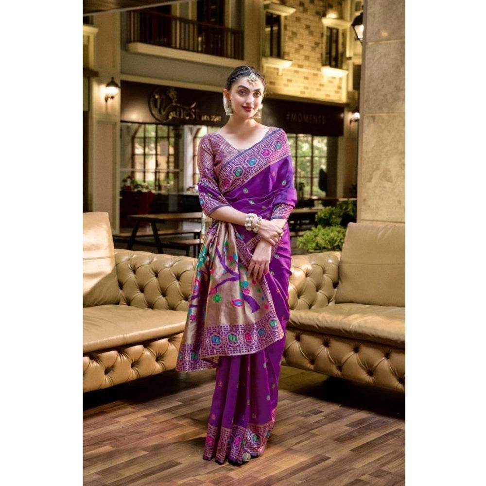 Generic Women's Silk Blend Paithani Weaving Saree With Unstitched Blouse 5.5Mtr (Purple) - MYLUXURY LANE ENTERPRISE