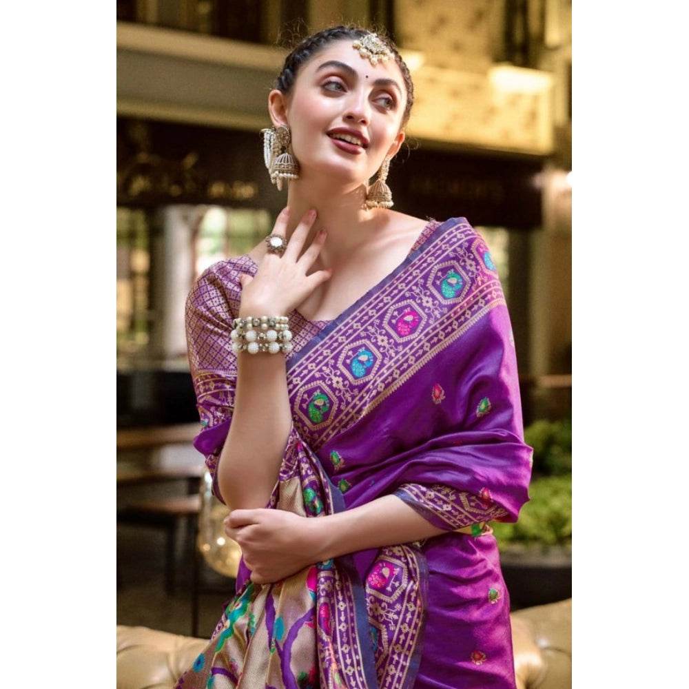 Generic Women's Silk Blend Paithani Weaving Saree With Unstitched Blouse 5.5Mtr (Purple) - MYLUXURY LANE ENTERPRISE