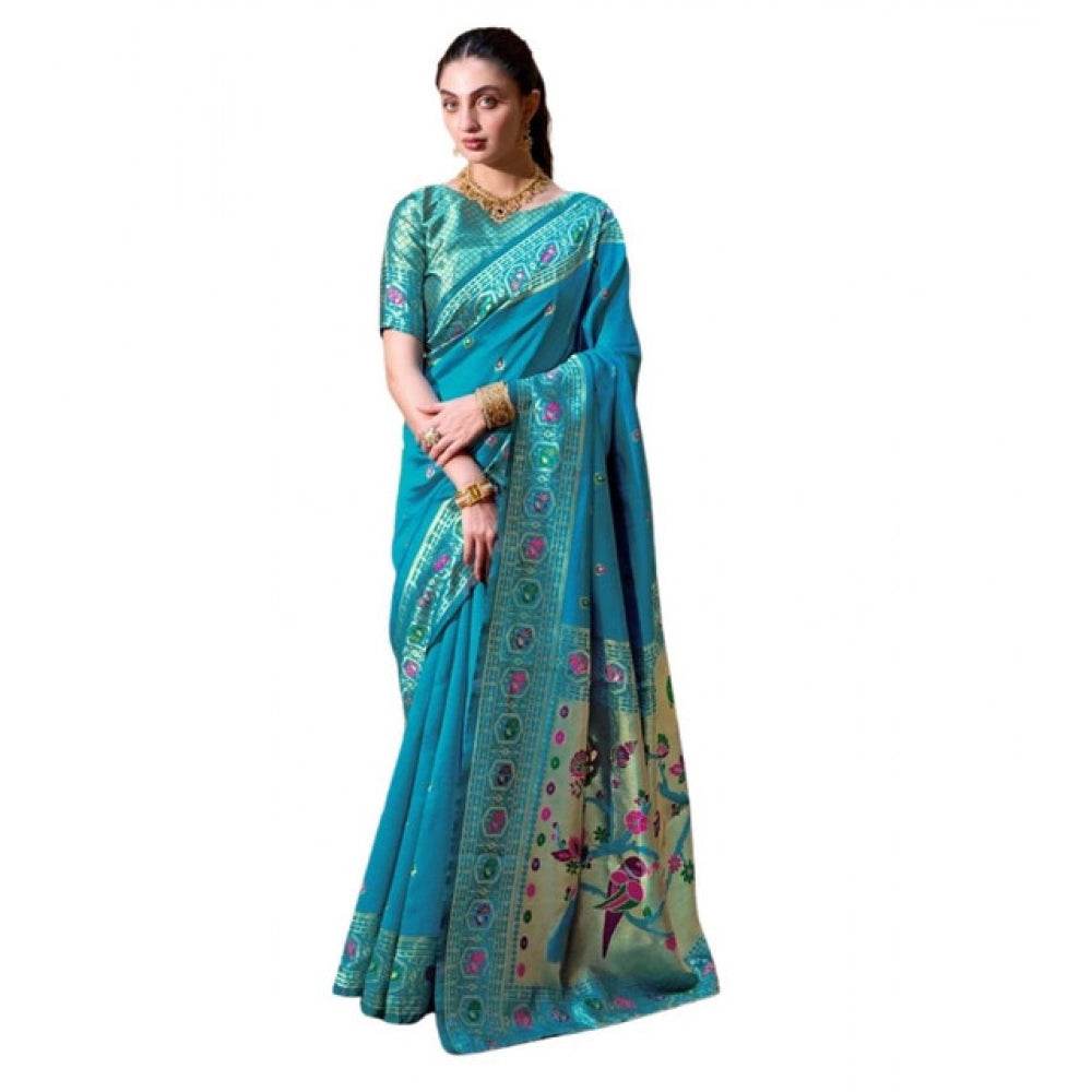 Generic Women's Silk Blend Paithani Weaving Saree With Unstitched Blouse 5.5Mtr (Rama) - MYLUXURY LANE ENTERPRISE