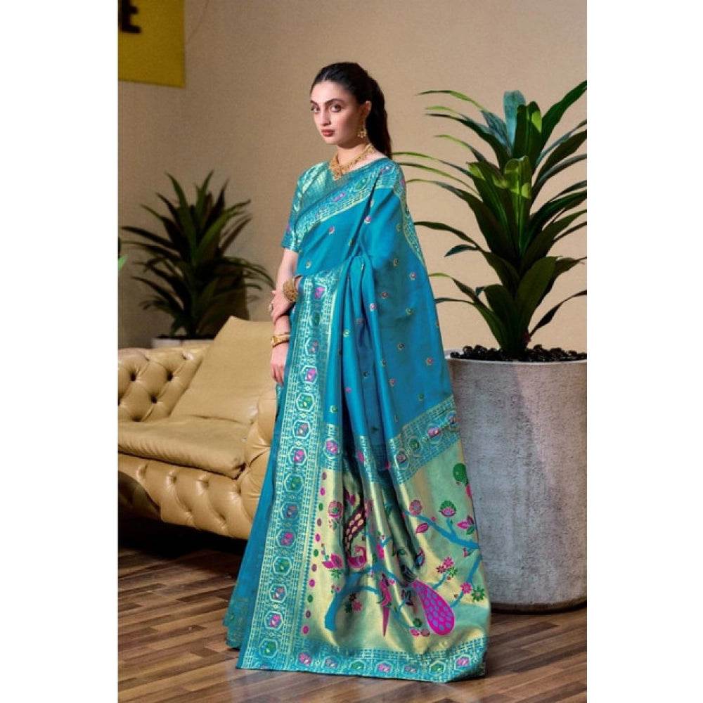 Generic Women's Silk Blend Paithani Weaving Saree With Unstitched Blouse 5.5Mtr (Rama) - MYLUXURY LANE ENTERPRISE