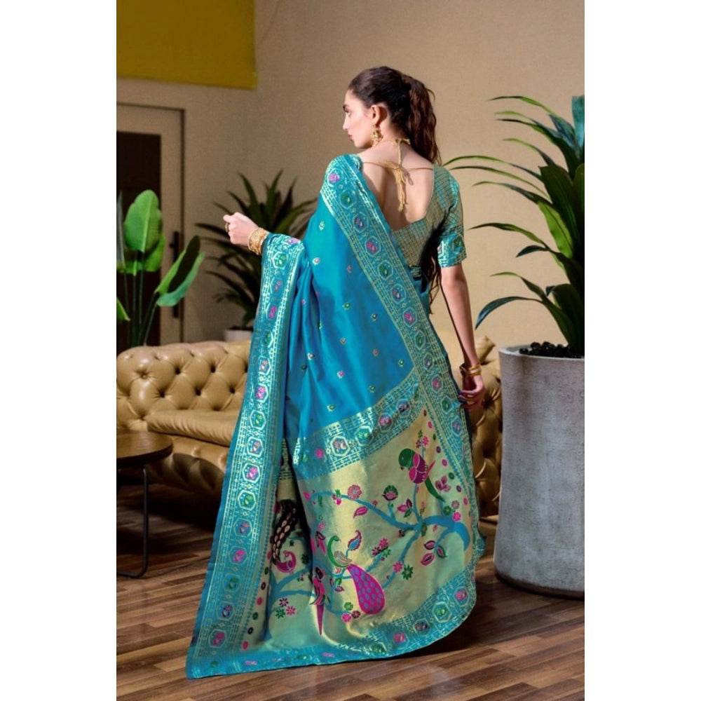 Generic Women's Silk Blend Paithani Weaving Saree With Unstitched Blouse 5.5Mtr (Rama) - MYLUXURY LANE ENTERPRISE