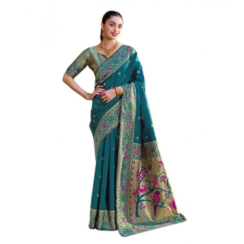 Generic Women's Silk Blend Paithani Weaving Saree With Unstitched Blouse 5.5Mtr (Teal) - MYLUXURY LANE ENTERPRISE