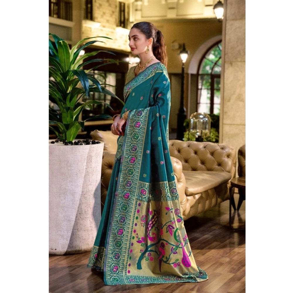 Generic Women's Silk Blend Paithani Weaving Saree With Unstitched Blouse 5.5Mtr (Teal) - MYLUXURY LANE ENTERPRISE