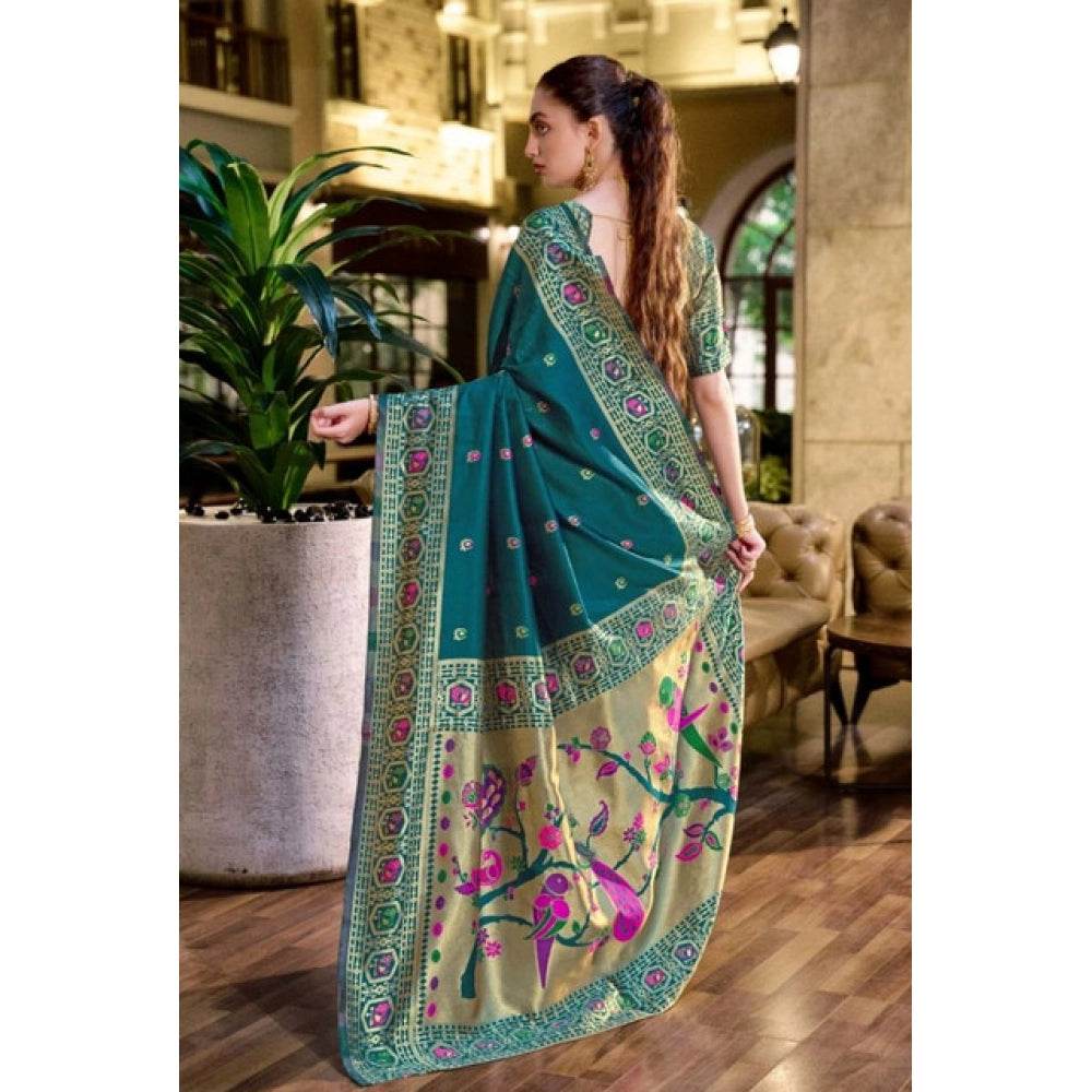 Generic Women's Silk Blend Paithani Weaving Saree With Unstitched Blouse 5.5Mtr (Teal) - MYLUXURY LANE ENTERPRISE
