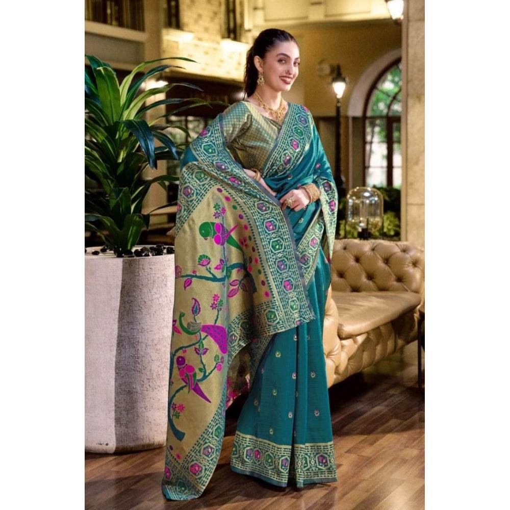 Generic Women's Silk Blend Paithani Weaving Saree With Unstitched Blouse 5.5Mtr (Teal) - MYLUXURY LANE ENTERPRISE