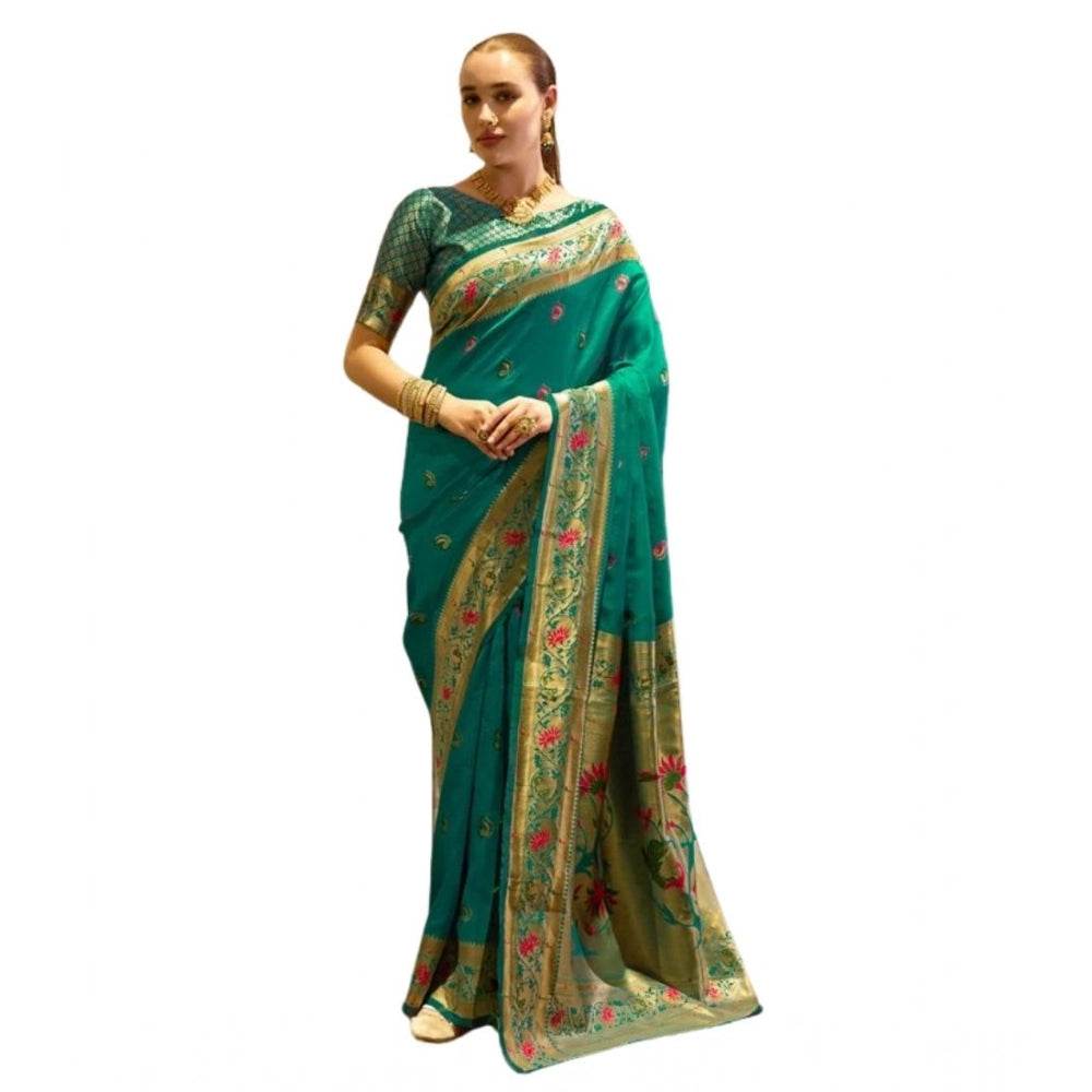 Generic Women's Silk Blend Zari Woven Saree With Unstitched Blouse 5.5Mtr (Green) - MYLUXURY LANE ENTERPRISE