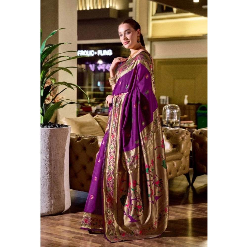 Generic Women's Silk Blend Zari Woven Saree With Unstitched Blouse 5.5Mtr (Purple) - MYLUXURY LANE ENTERPRISE