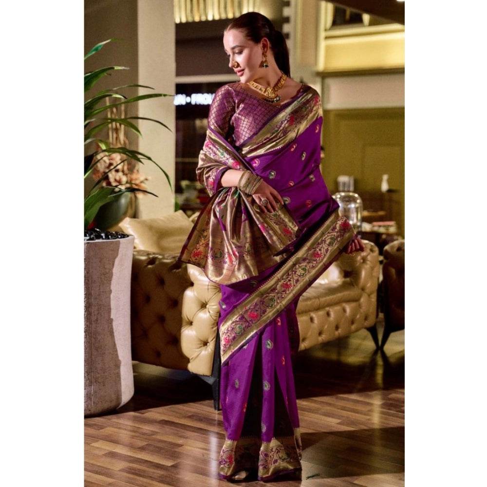 Generic Women's Silk Blend Zari Woven Saree With Unstitched Blouse 5.5Mtr (Purple) - MYLUXURY LANE ENTERPRISE
