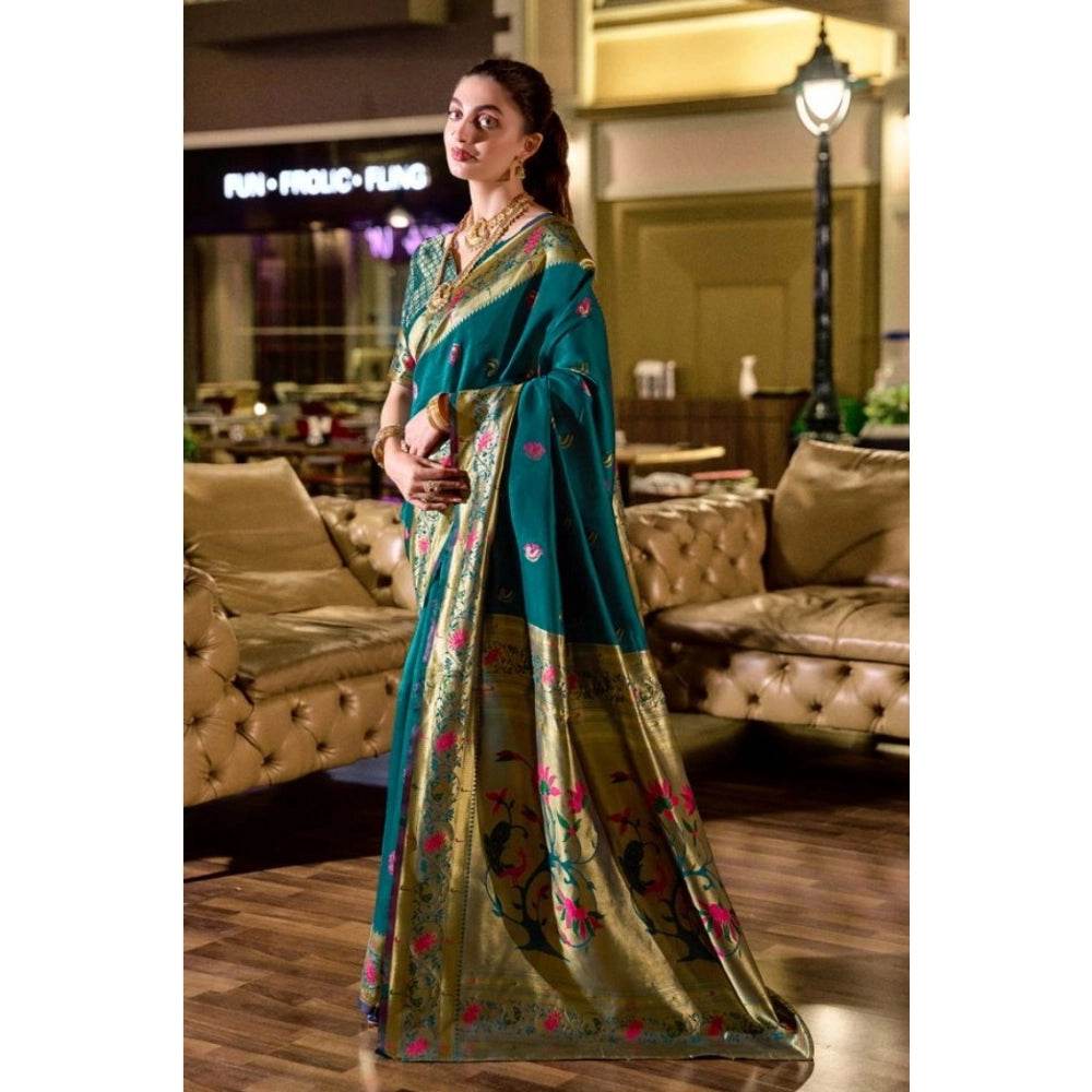Generic Women's Silk Blend Zari Woven Saree With Unstitched Blouse 5.5Mtr (Teal) - MYLUXURY LANE ENTERPRISE