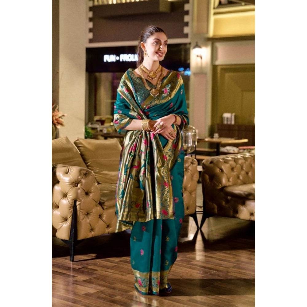 Generic Women's Silk Blend Zari Woven Saree With Unstitched Blouse 5.5Mtr (Teal) - MYLUXURY LANE ENTERPRISE